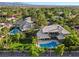 Aerial view of a single Gathering house with a swimming pool, green backyard, palm trees, and mountain views at 2309 Prometheus Ct, Henderson, NV 89074