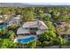 Gorgeous aerial shot of a house with pool, green backyard, lush landscaping with palm trees, and neighborhood views at 2309 Prometheus Ct, Henderson, NV 89074