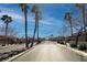 Gated community entrance with mature palm trees along the paved roadway and desert landscaping at 9379 Arrowhead Bluff Ave, Las Vegas, NV 89149