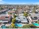 Aerial view of the neighborhood with sparkling pools, mature landscaping and city views at 5050 Grandview Dr, Las Vegas, NV 89120