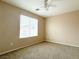 Bright, carpeted bedroom with neutral walls, a ceiling fan, and a large window providing ample natural light at 5236 El Prado Heights St, North Las Vegas, NV 89081