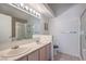 Well-lit bathroom featuring dual sinks, a large mirror and a glass-enclosed shower at 7909 Fossil Creek Ln # 202, Las Vegas, NV 89145
