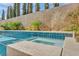 A detail of a tile spa with privacy landscaping and trees at 9781 Arcadian Estate Ct, Las Vegas, NV 89141
