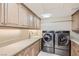 Bright laundry room featuring modern washer and dryer units with custom cabinetry at 9909 Moon Valley Pl, Las Vegas, NV 89134