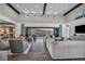 Open-concept living room boasts modern decor, wood floors, and panoramic views of the surrounding landscape at 10096 Amethyst Hills St, Las Vegas, NV 89148