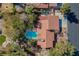 Aerial view of the property showcasing its sparkling pool, well-maintained landscaping, and surrounding neighborhood at 1561 Doran Dr, Las Vegas, NV 89123