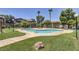 Community pool with a meticulously kept lawn, lounge seating, and towering palm trees at 5751 E Hacienda Ave # 172, Las Vegas, NV 89122