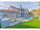 A luxurious backyard with a pool, outdoor kitchen, green turf, and a stylish two-story home with a red roof at 8625 Scarsdale Dr, Las Vegas, NV 89117