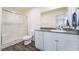 Bathroom featuring a glass-enclosed shower, toilet, vanity with granite countertop, and modern fixtures at 1109 Scarlet Sparrow St, Henderson, NV 89011