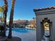 View of the community pool, framed by palm trees, with houses in the background at 379 Rosado Springs St, Henderson, NV 89014