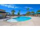 Sparkling community pool with ample seating, shade structures, and lush palm trees under a bright blue sky at 5295 Acqua Ln, Pahrump, NV 89061