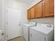 A laundry room features a washer, dryer, wooden cabinets and a door to the outside at 7757 Coast Jay St, North Las Vegas, NV 89084