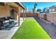 Well-maintained backyard with a covered patio, a low block wall, and a synthetic lawn at 951 Carnival Ave, Las Vegas, NV 89123