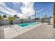 Backyard swimming pool with palm trees, gravel landscaping, and covered patio, creating a relaxing outdoor retreat at 4629 Lilliput Ln, Las Vegas, NV 89102