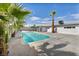 Relaxing backyard featuring a clear blue swimming pool, mature palm trees and minimalist desert landscaping at 4629 Lilliput Ln, Las Vegas, NV 89102