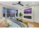 Spacious bedroom featuring wood floors, a fireplace, a ceiling fan, and large windows with an exterior view at 4718 Atlantico St, Las Vegas, NV 89135