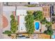 Aerial view showcasing the property layout, pool, mature trees, and surrounding neighborhood at 4871 Reiter Ave, Las Vegas, NV 89108