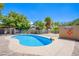 Kidney-shaped pool with safety fence and mature trees, offering a private backyard oasis at 4871 Reiter Ave, Las Vegas, NV 89108