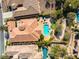 Beautiful home aerial shot with refreshing pool and green backyard at 77 Chapman Heights St, Las Vegas, NV 89138