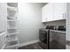 Laundry room with modern washer and dryer, white cabinets, and wire basket storage system at 2176 De Narvik Dr, Henderson, NV 89044