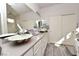 Bright bathroom featuring shell-shaped vessel sink, modern vanity and wood-look flooring at 4300 S Gressa St, Pahrump, NV 89061