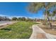 Exterior community view with green grass, a sidewalk and mature trees at 7632 Amato Ave, Las Vegas, NV 89128