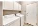 Bright laundry room with washer, dryer, overhead cabinets, and exterior door at 1035 Dodger Blue Ave, Las Vegas, NV 89123