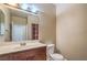 Cozy bathroom features a single sink vanity, toilet, and a mirrored cabinet for convenient storage at 10431 Kitty Joyce Ave, Las Vegas, NV 89129