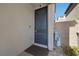 Contemporary gray front door with modern hardware and a small garden feature adding to its curb appeal at 12525 Lylan Ridge St, Las Vegas, NV 89138