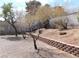 Large backyard featuring a brick retaining wall, mature trees, and a gravel landscape at 710 Strawberry Pl, Henderson, NV 89002