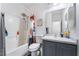 Bright bathroom featuring a shower-tub combo and a modern vanity with gray cabinetry at 792 Valley Rise Dr, Henderson, NV 89052