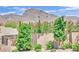 Landscaped backyard with desert plants, trees, and a view of the mountains at 343 American Dipper St, Las Vegas, NV 89138