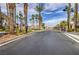 Community entrance with security gate, surrounded by mature palm trees and lush landscaping, offering privacy and curb appeal at 5078 Shadow River St, Las Vegas, NV 89148