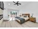 Bright main bedroom features a sliding glass door, a modern fireplace, and light wood accents at 7685 Spanish Bay Dr, Las Vegas, NV 89113