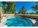 Backyard in-ground pool with steps and built-in hot tub surrounded by manicured landscaping and mature trees at 7685 Spanish Bay Dr, Las Vegas, NV 89113