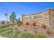 Stone community sign for Skye Mesa surrounded by beautiful landscaping and desert plants at 8525 Stokestone St, Las Vegas, NV 89166