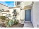 Close up of the home's front door and landscaping at 9920 Keephills St, Las Vegas, NV 89183