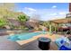 Inviting backyard features a pool, covered patio, lush plants and privacy at 9413 Ironsend St, Las Vegas, NV 89143
