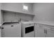 Laundry room featuring a washer, dryer, overhead shelves, and storage, maximizing functionality at 1040 Via Panfilo Ave, Henderson, NV 89011