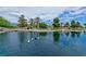 Picturesque community pond with palm trees, a small island, and ducks swimming in the water at 1544 Karst Pond Ave, North Las Vegas, NV 89084