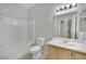 Clean bathroom showcasing a tub with shower, toilet, and vanity with ample lighting at 5650 E Sahara Ave # 1029, Las Vegas, NV 89142