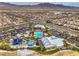 Aerial photograph showcasing a community pool, park, and recreational area surrounded by a sprawling neighborhood at 9655 Shadow Cliff Ave, Las Vegas, NV 89166