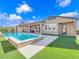A backyard pool area with grass accents and a covered patio for outdoor relaxation at 380 Baratheon Ave, Las Vegas, NV 89183