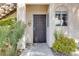 Inviting front entrance featuring a secure metal gate, decorative accents, and charming flowering plants at 1830 N Buffalo Dr # 1019, Las Vegas, NV 89128