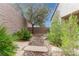 Private backyard with rock features and varied landscaping and small trees at 2392 Mystic Star St, Henderson, NV 89044