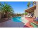 Relaxing backyard pool with a covered patio and lush tropical landscaping creating an outdoor oasis at 1426 Clipperton Ave, Henderson, NV 89074