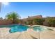 Beautiful backyard pool with a raised spa and tropical landscaping creating an outdoor oasis at 1426 Clipperton Ave, Henderson, NV 89074