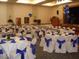 Elegantly decorated event hall with tables set for a formal occasion, featuring blue accents and a stage at 2201 Tiger Links Dr, Henderson, NV 89012