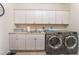 Well-equipped laundry room featuring front load washer, dryer, sink, and bright white cabinets at 10438 Skye Arroyo Ave, Las Vegas, NV 89166