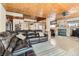 Cozy living room with wooden ceilings, stone fireplace, and a comfortable leather sofa at 2529 Vera Cruz Cir, Henderson, NV 89074